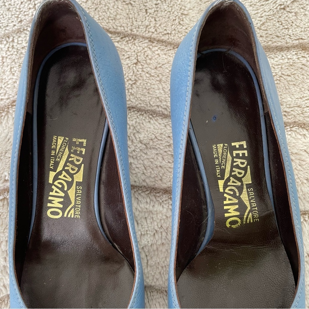 Ferragamo Vintage Baby Blue Kitten Heels with Front Buckle - Picture 5 of 13